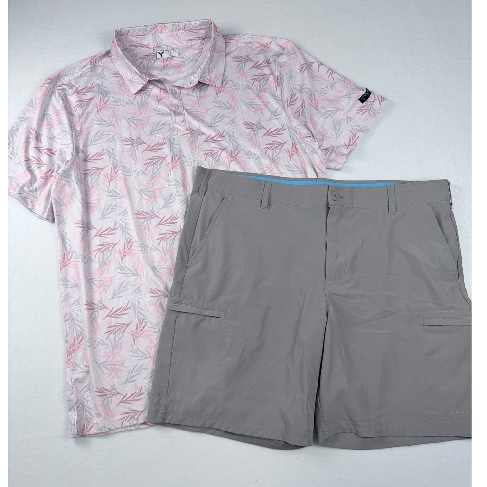 Yatta Golf Polo Shirt 2XL Birdie Bound Shorts 40 Mens Pink Grey Floral Golf Set